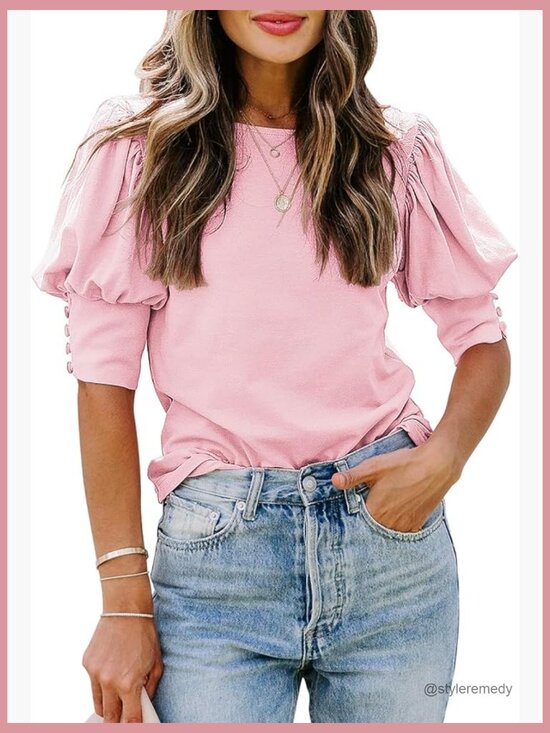 Tops - Women's Puff Sleeve Blouse Crewneck Loose Fit Casual Top